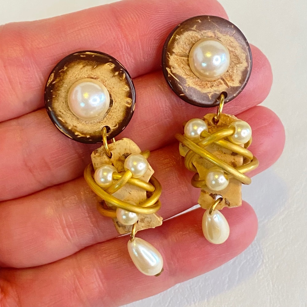 Vintage Faux Pearl Drop Earrings Dangle Mixed Media Gold Tone Boho Statement